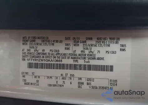 2016 Ford Transit-250 из США, поврежденный, VIN 1FTYR1ZM1GKA13665